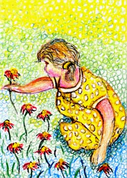 "Little Flower Picker" by Tom Lieder, Milton WI - Colored Pencil, Pen & Ink